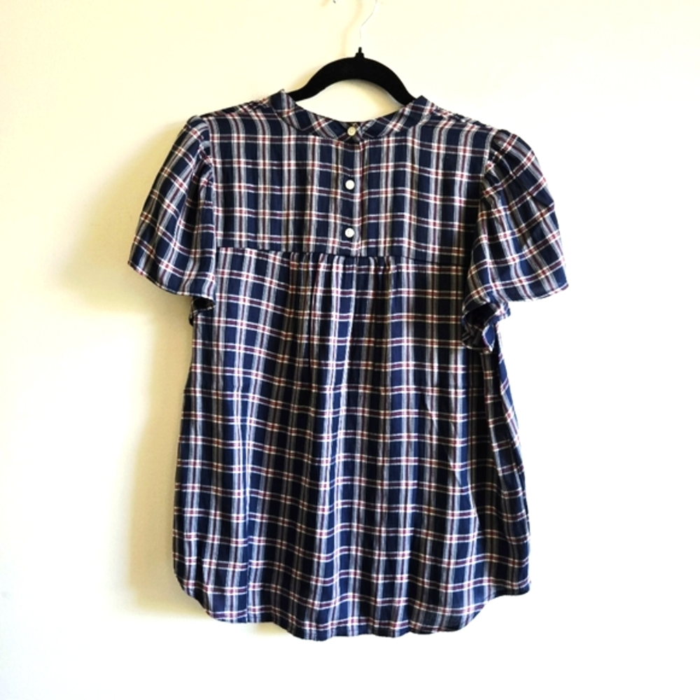 LOFT I MP Plaid Rayon Blend Blouse I blue red white - Picture 4 of 9